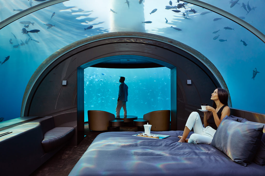Glass bedroom at the Maldives Underwater Hotel Muraka