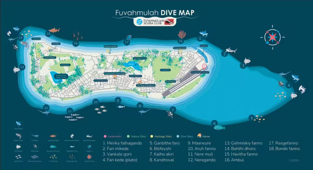 Map of Dive sites in Fuvahmulah including Tiger Zoo
